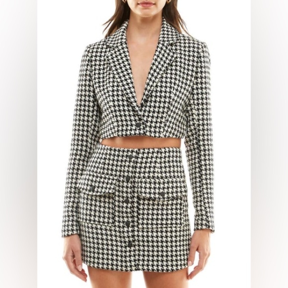 Wayf Black and White Houndstooth Blazer and Skirt